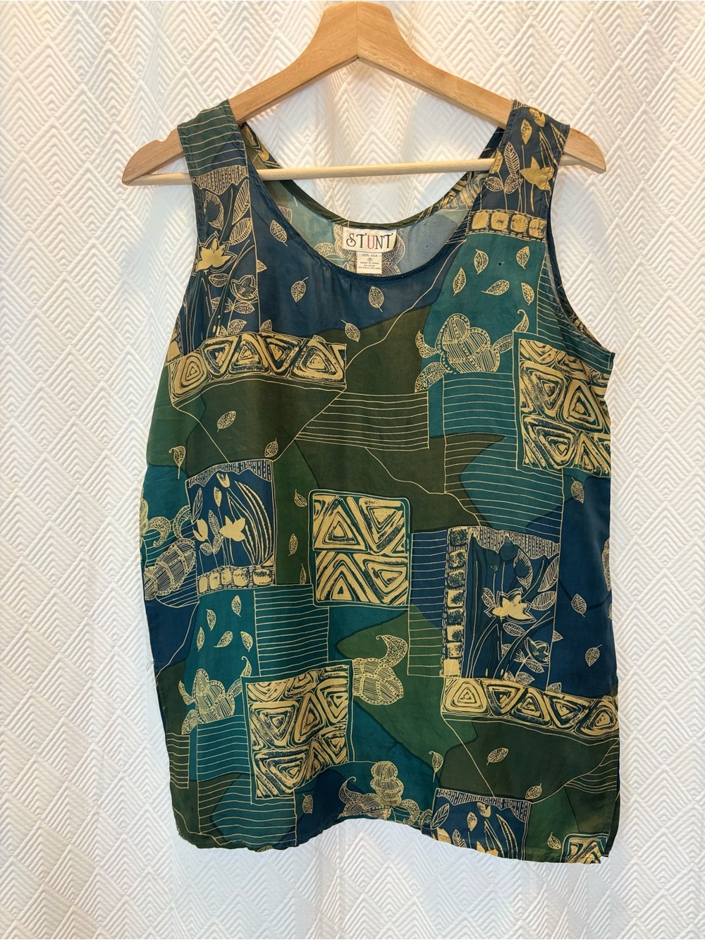 Vintage STUNT 100% Silk Abstract Patchwork Green Gold Tank Top